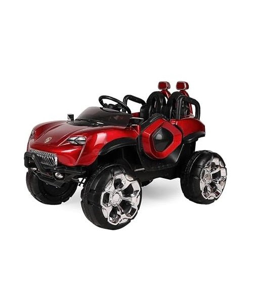 Battery Operated Car For Kids| Max-DX Ride on Monster Truck Jeep for Kids- The Electric Rechargeable Big Wheeler Jeep with Colored Alloys, Music, Led Lights and Swing| Battery Car for 2 to 8 Years Kid - Red